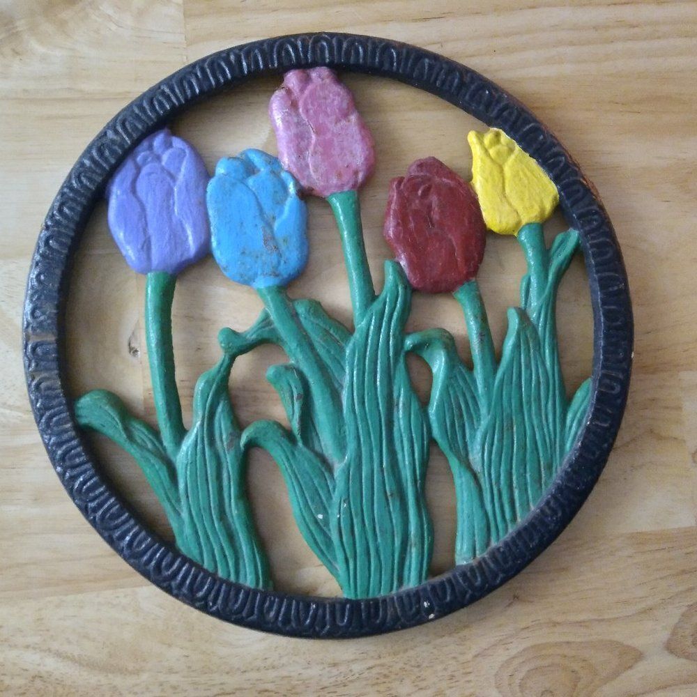 Vintage Cast Iron Tulip Art Metal Sculpture Wall Hanging